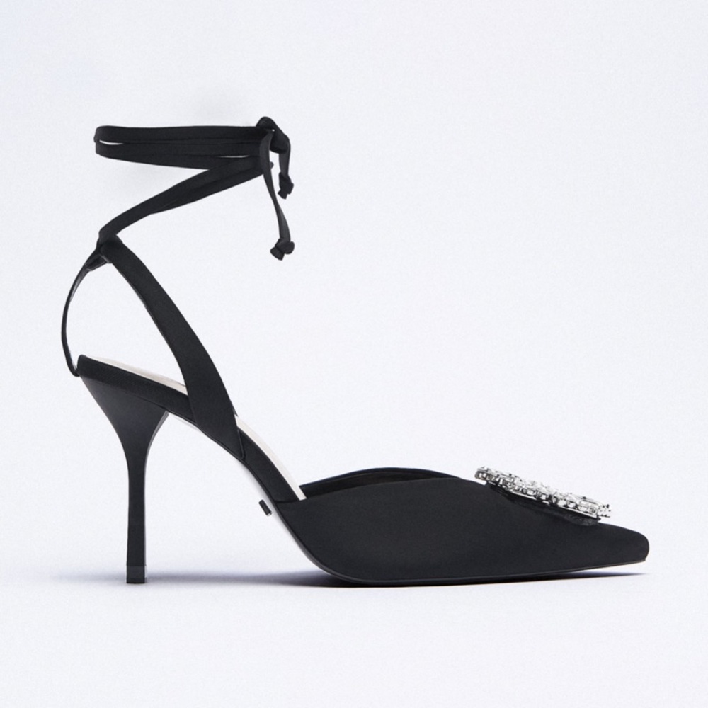 Zara Black Satin Pointed Slingback Heels with Crystal Brooch - Picture 7 of 16